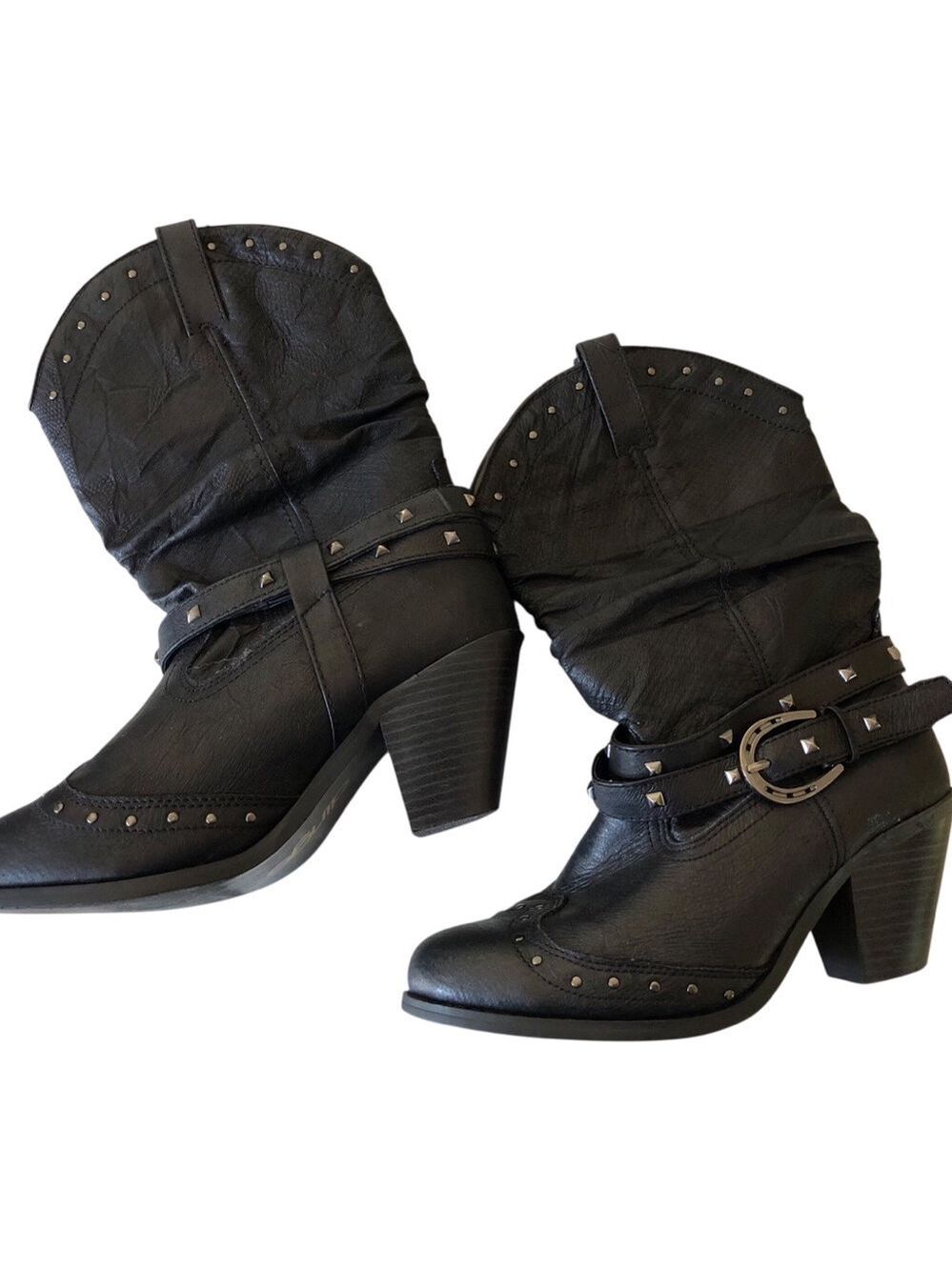 dingo Nyna Black Studded Western Mid-Calf Slouch Heeled Boots Cowgirl Boho Indie